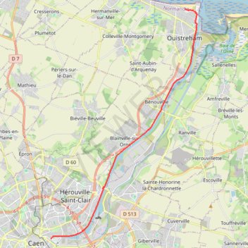 Itinéraire Ouistreham / Caen, distance, dénivelé, altitude, carte, profil, trace GPS