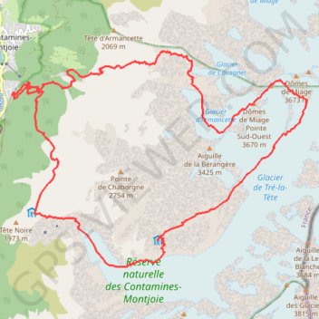 Itinéraire Domes de Miages, distance, dénivelé, altitude, carte, profil, trace GPS