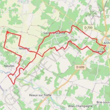 Itinéraire Archiac 34 kms, distance, dénivelé, altitude, carte, profil, trace GPS