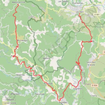 Itinéraire GR44A Des Vans (Ardèche) à Malons-et-Elze (Gard), distance, dénivelé, altitude, carte, profil, trace GPS