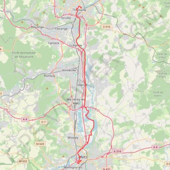 Itinéraire Thionville - Metz, distance, dénivelé, altitude, carte, profil, trace GPS