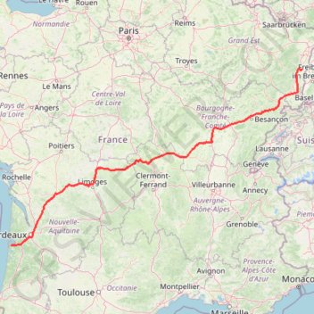 Itinéraire Autoroute des Cigognes, La Comtoise, Route Centre Europe Atlantique, N 141, N 10, A 63, Avenue de L'Europe, Avenue du Parc des Expositions, Avenue Gustave Eiffel, Avenue du Pays de Buch, distance, dénivelé, altitude, carte, profil, trace GPS