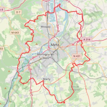Itinéraire Tour de Metz (Moselle), distance, dénivelé, altitude, carte, profil, trace GPS