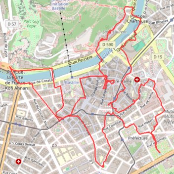 Itinéraire A pied, Visite du centre de Grenoble, distance, dénivelé, altitude, carte, profil, trace GPS