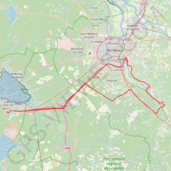 Itinéraire A 660, A 63, Route du Bord de l'Eau, D 113, D 10, Route de Malagar, Cours du Général de Gaulle, Avenue du Général de Gaulle, D 117E2, Autoroute des Deux Mers, Route de Saucats, A 660, distance, dénivelé, altitude, carte, profil, trace GPS