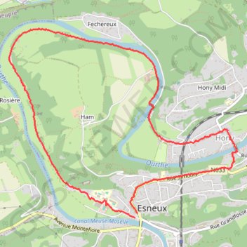 Itinéraire Boucle Esneux, distance, dénivelé, altitude, carte, profil, trace GPS