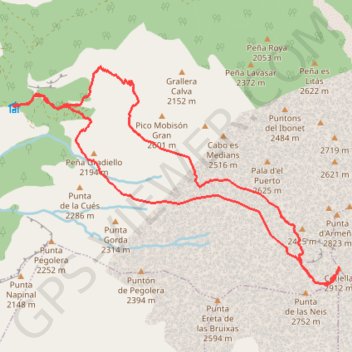 Itinéraire Cotiella par la faja de Gradiello, distance, dénivelé, altitude, carte, profil, trace GPS