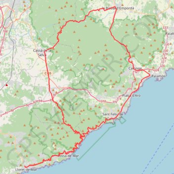 Itinéraire Lloret- la Bisbal- Sant Garu- Lloret, distance, dénivelé, altitude, carte, profil, trace GPS