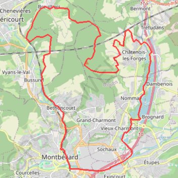 Itinéraire Boucle Montbéliard Brevilliers Brognard à vélo, distance, dénivelé, altitude, carte, profil, trace GPS