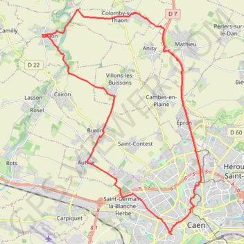 Itinéraire Au Nord de Caen, distance, dénivelé, altitude, carte, profil, trace GPS