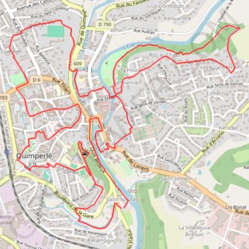 Itinéraire Parcours Trail nÂ°8 - QuimperlÃ© - de la ville haute Ã la ville basse, distance, dénivelé, altitude, carte, profil, trace GPS