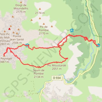 Itinéraire Crête de Moustardé, Soum de Pombie, pic Peyreget depuis Soques (crampons), distance, dénivelé, altitude, carte, profil, trace GPS
