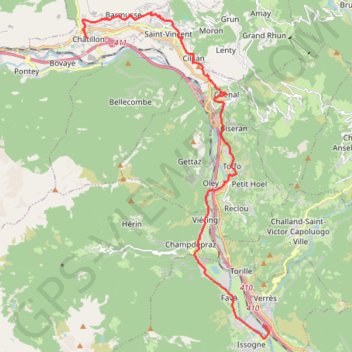 Itinéraire De Châtillon à Verrès, distance, dénivelé, altitude, carte, profil, trace GPS