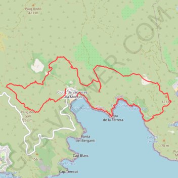 Itinéraire Cala Montjoy, Puig del Gall, coll d'en Fragam, ruine Montjoi de Baix, puig de la Morisca, pla de la gardiola, coll del Canadell, platja de la Pelosa, distance, dénivelé, altitude, carte, profil, trace GPS